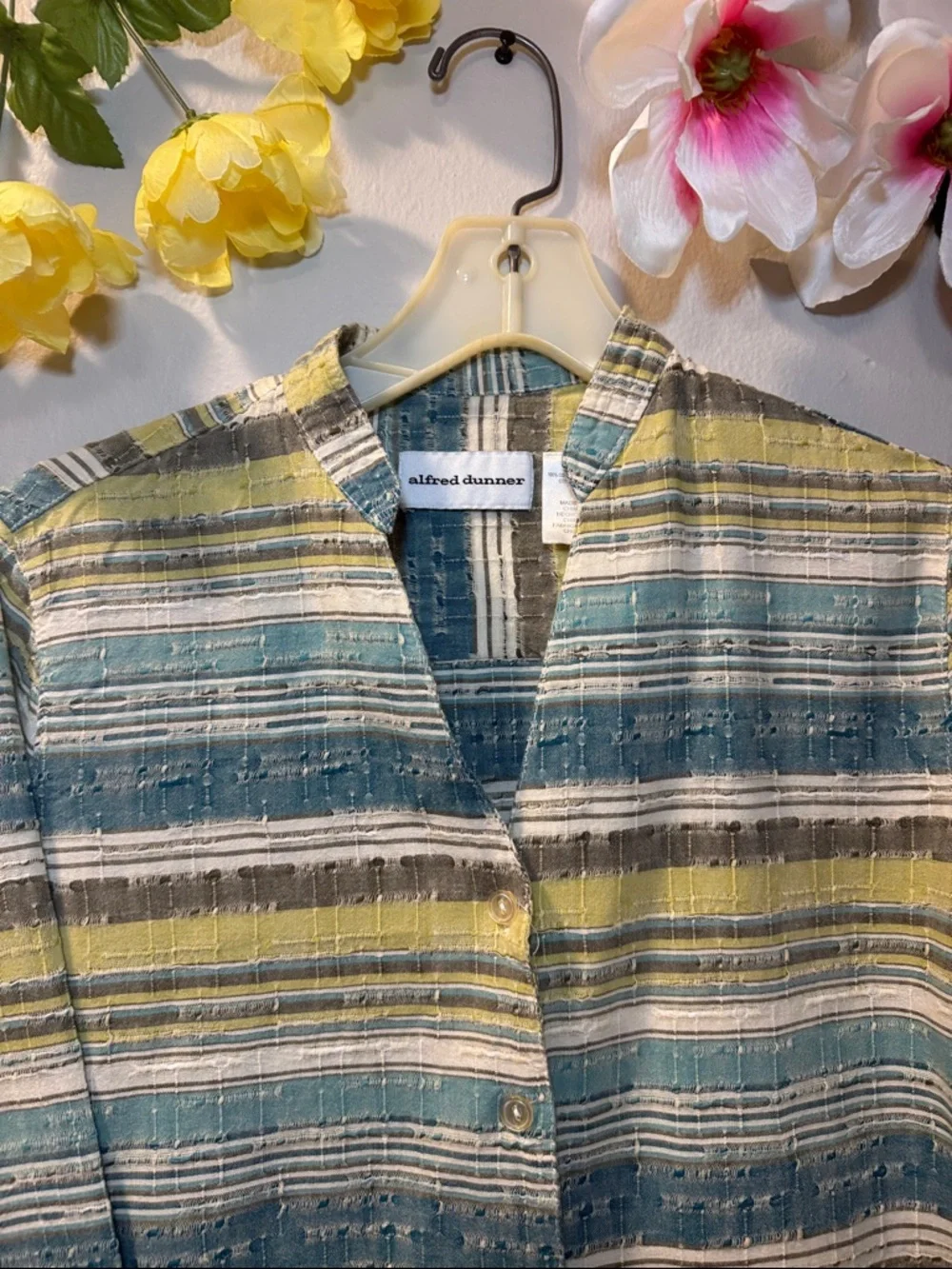 Alfred Dunner Striped Cotton Blend Utility Jacket in Teal, Yellow & White